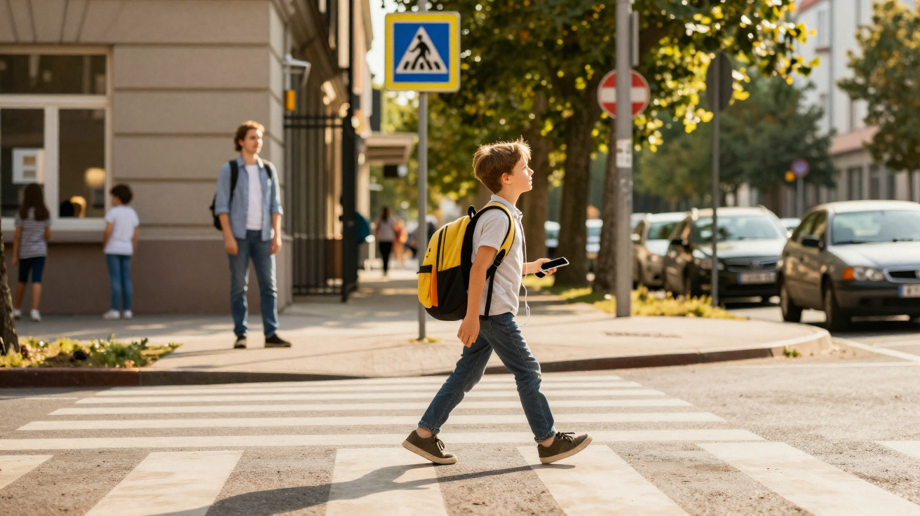 Junge mit gelbem Rucksack überquert zu Fuß die Straße an einem Zebrastreifen in der Stadt.