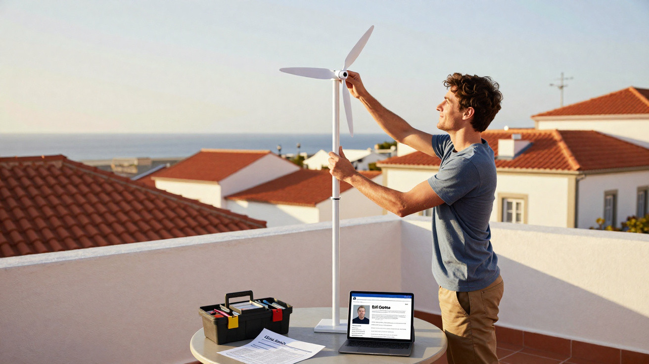 Mann montiert Windrad auf Terrasse mit Werkzeugkasten und Laptop bei Sonnenuntergang am Meer.