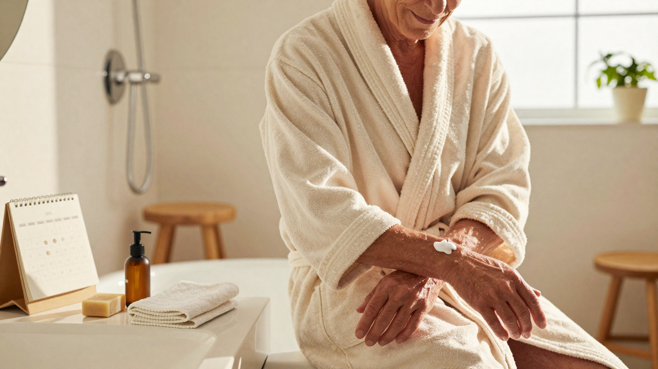 Ältere Person im Bademantel trägt Handcreme auf im hellen, gemütlichen Badezimmer mit Pflanzen.