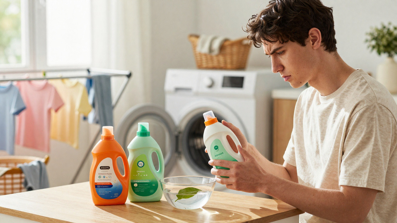 Junger Mann liest Waschmittelflasche in heller Waschküche mit Waschmaschine und Wäsche im Hintergrund.