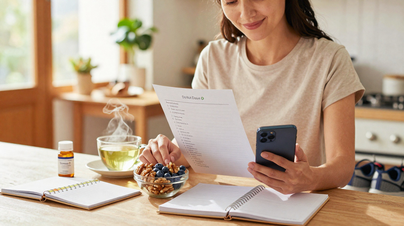Frau sitzt am Tisch mit Smartphone, Rezeptzettel, Notizbüchern, einer Schale Nüsse und einer dampfenden Tasse Tee.