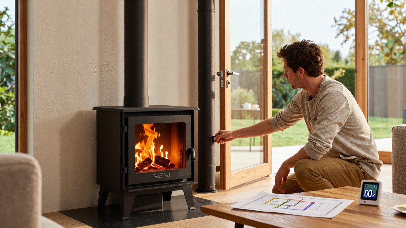 Mann öffnet Scheitholzofen mit brennendem Feuer in modernem Wohnzimmer mit Gartenblick.