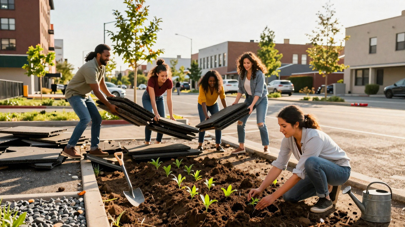 Fünf Personen legen gemeinsam einen Gemeinschaftsgarten in einem urbanen Wohngebiet an.