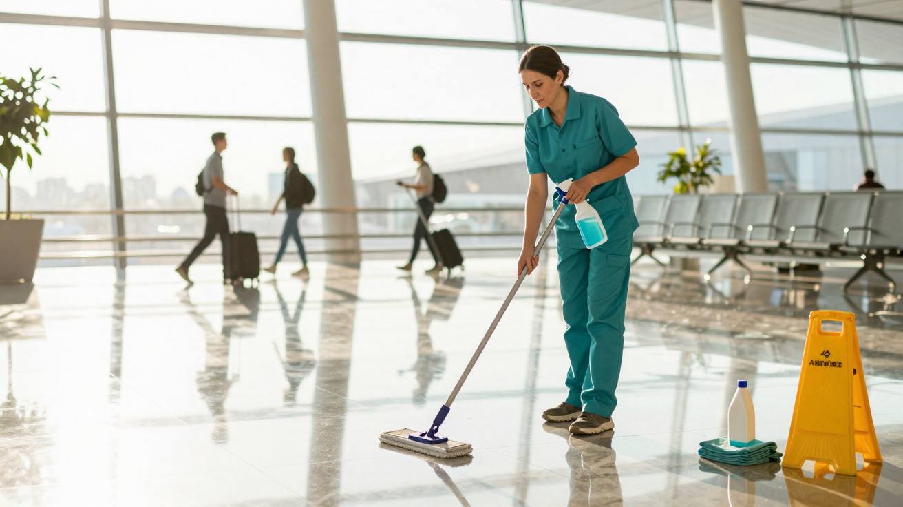 Reinigungskraft wischt Boden in hellem Flughafen-Terminal, Reisende mit Koffern im Hintergrund unterwegs.