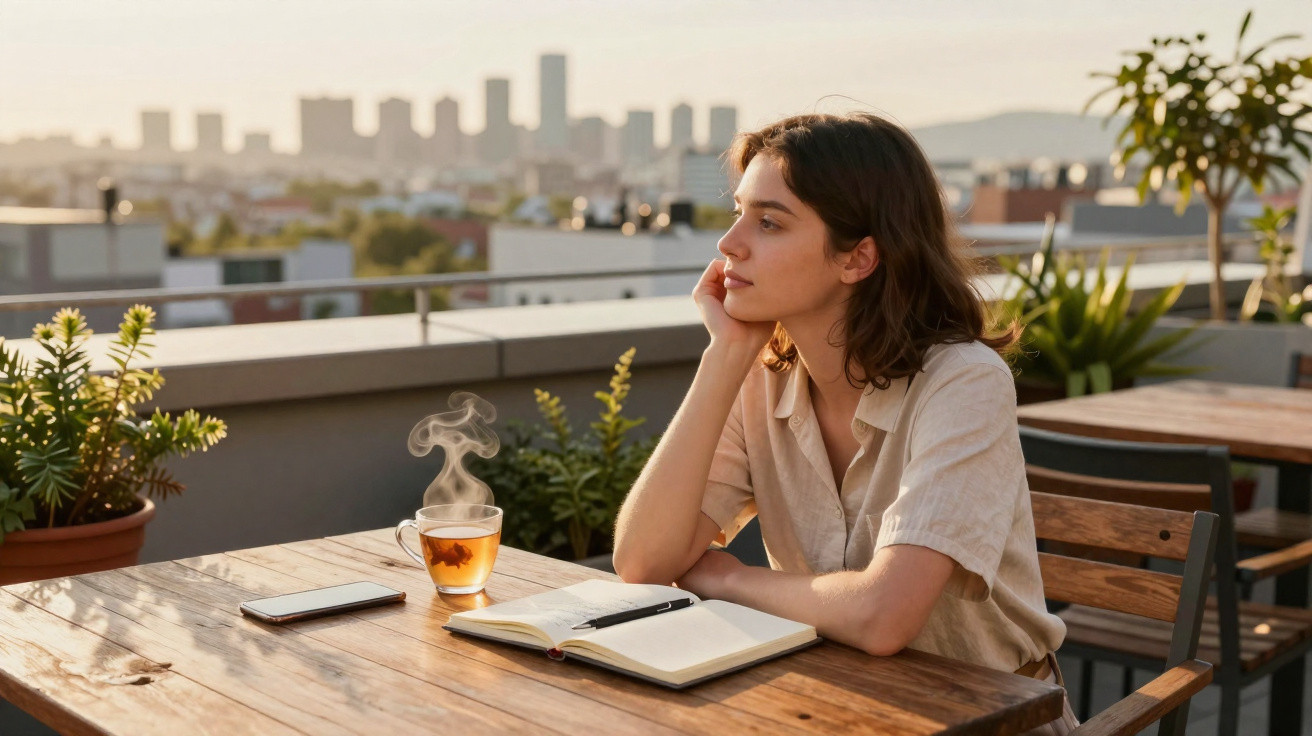 Frau sitzt auf Dachterrasse, blickt nachdenklich, neben ihr ein dampfender Tee und ein Notizbuch mit Stift.