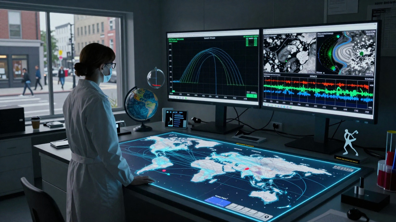 Wissenschaftlerin mit Schutzmaske beobachtet digitale Weltkarte und Datenanzeigen in modernem Labor.
