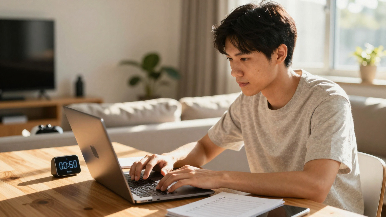 Junger Mann arbeitet konzentriert zu Hause an einem Laptop an einem Holztisch mit Notizen.