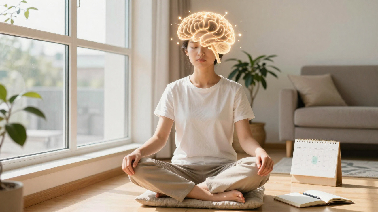 Frau sitzt im Lotussitz auf Bodenmatte beim Meditieren mit leuchtender Gehirnillustration über Kopf.