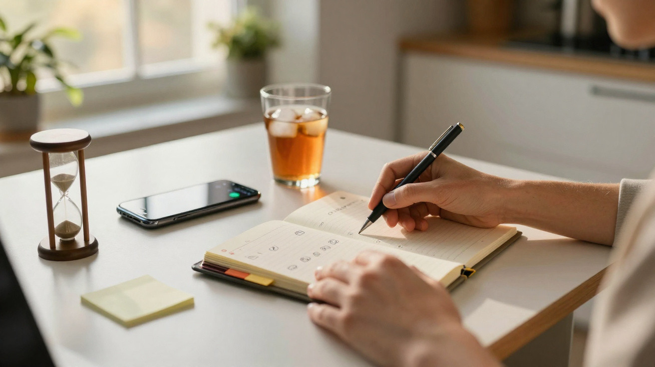 Person plant Termine in Kalender, am Tisch mit Smartphone, Sanduhr und Glas Eistee in heller Wohnung