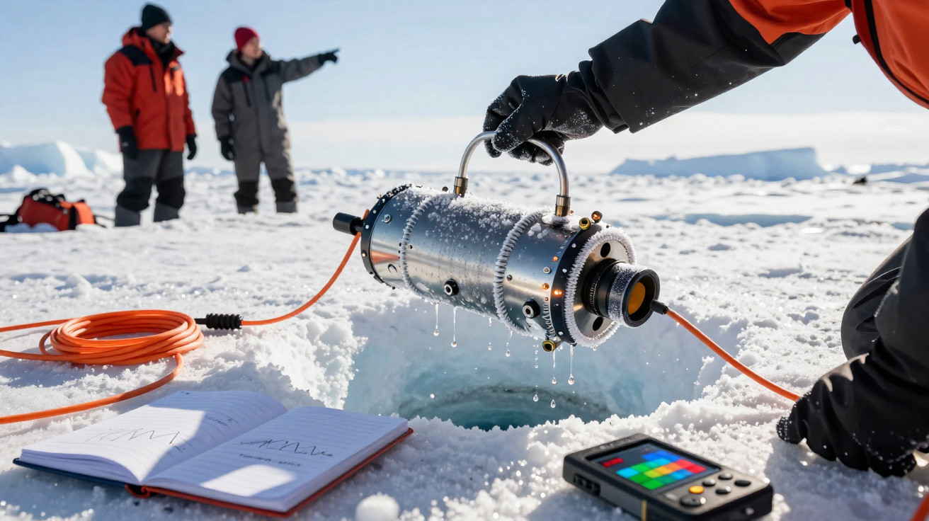 Wissenschaftler entfernen eine Messsonde aus einem Eisloch, während zwei Personen im Hintergrund auf einer verschneiten Fläch