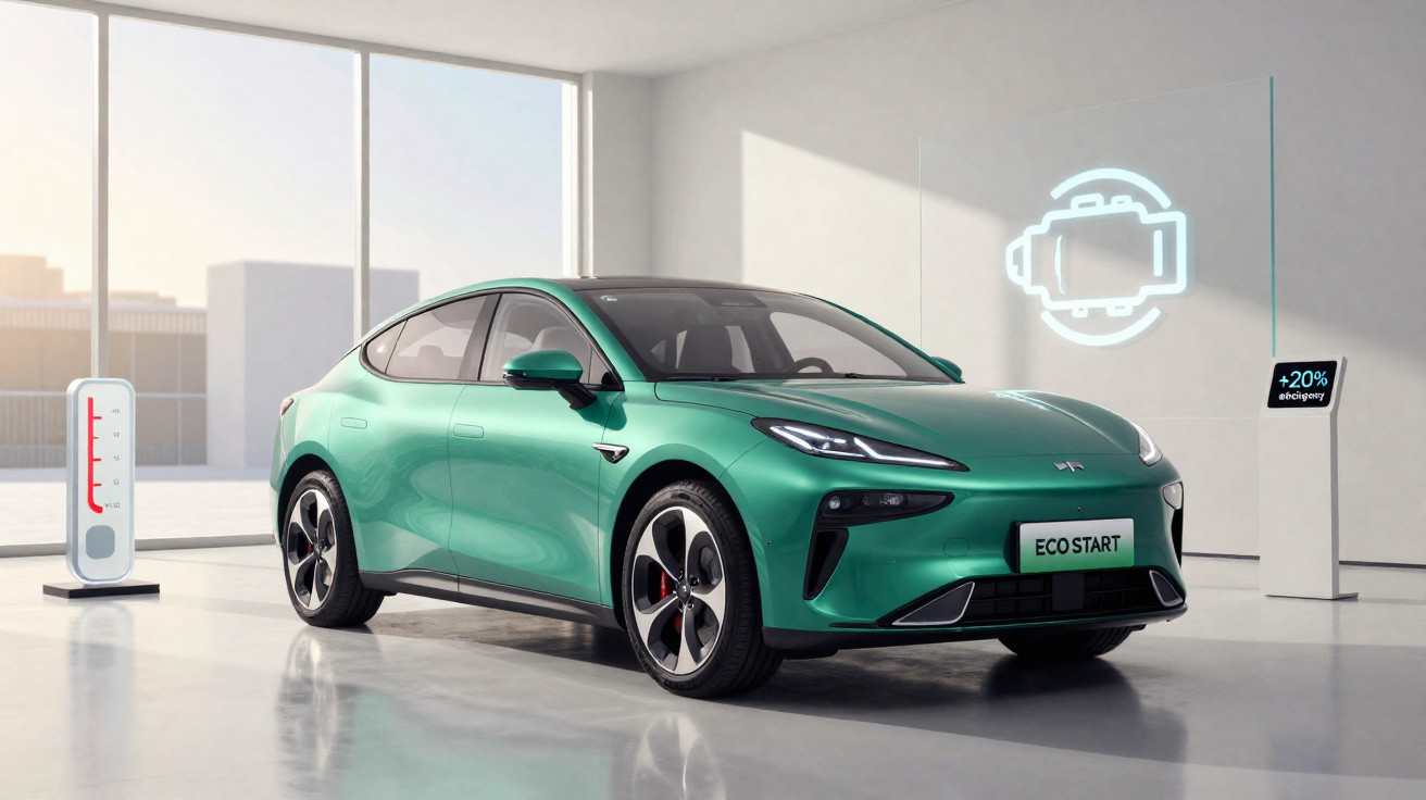 Grünes Elektroauto in modernem Raum mit Temperatur- und Energieanzeige, Kennzeichen „ECO START“.