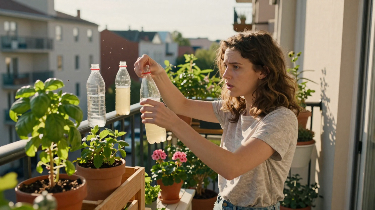 Frau gießt Pflanzen auf Balkon, hält Plastikflasche mit Wasser, umgeben von Topfpflanzen und Blumen.